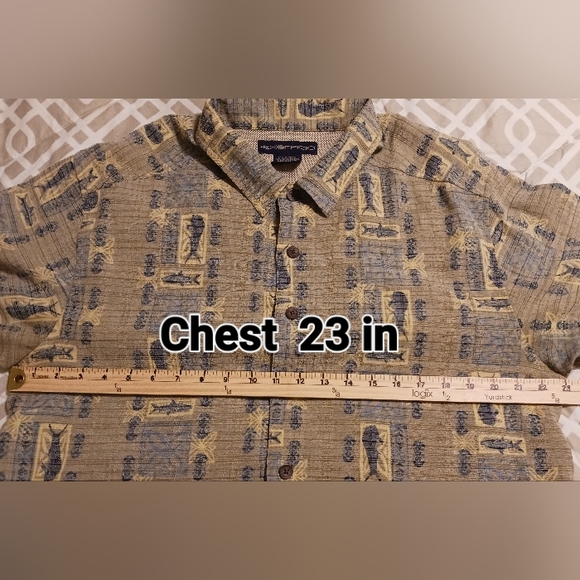 Exofficio Men's Medium Tan Blue Hawaiian Fishing S/S Button Down Vented Shirt - Picture 9 of 11